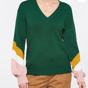 Les Serien Sebastiene Green V-Neck Sweater with Color Block Sleeves